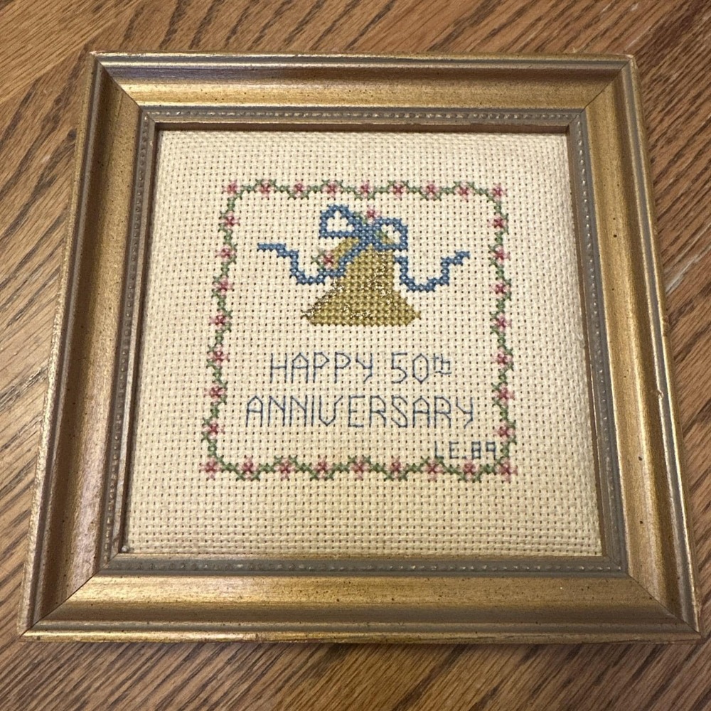 Happy 50th Anniversary‎ Framed Cross Stitch 6"x6" Gift Vintage